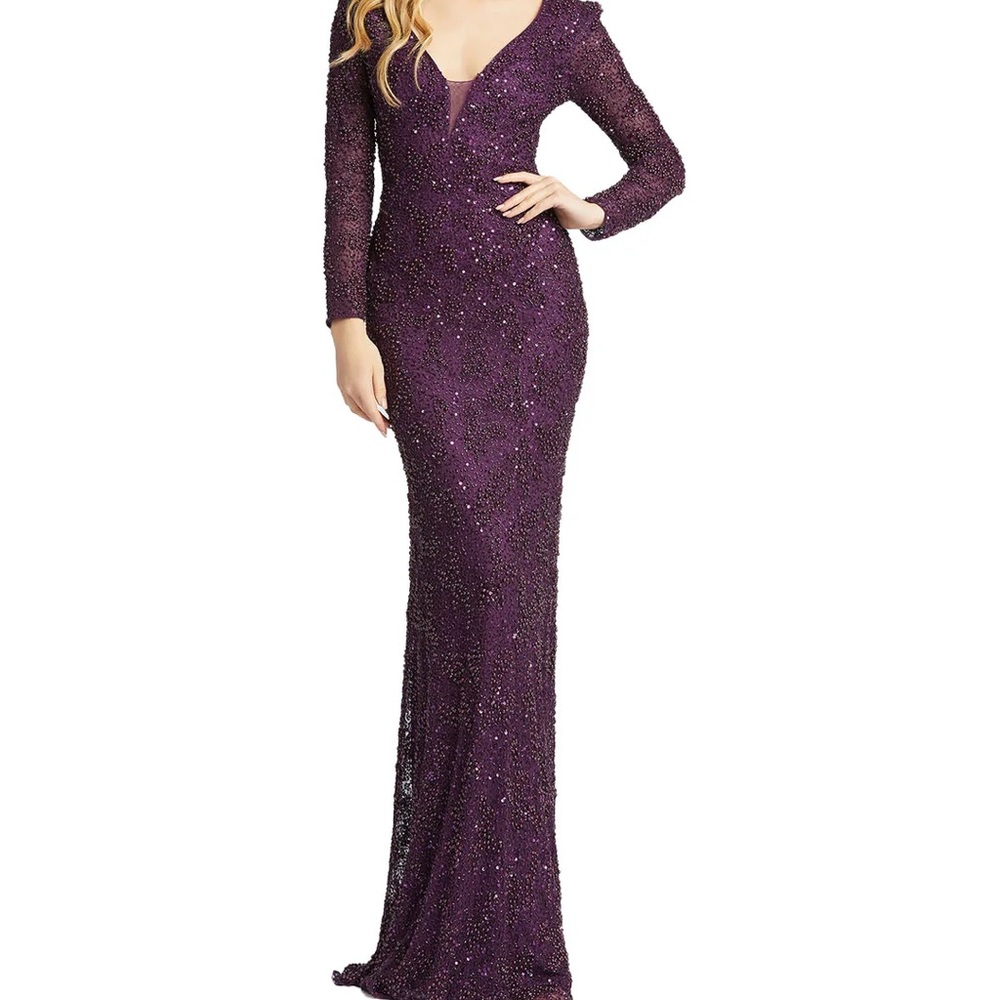 NWT Mac Duggal Beaded Illusion Plum Plunge Gown - Size 12